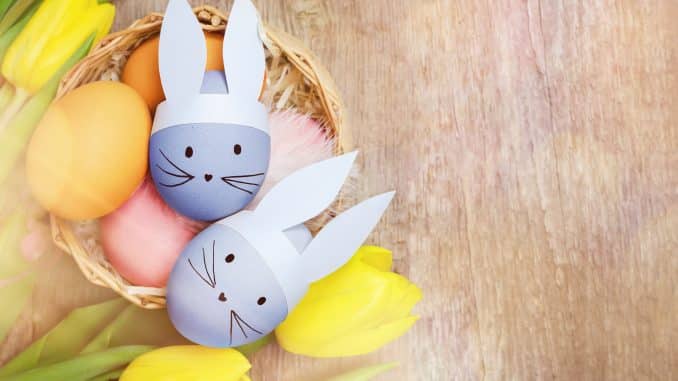 Easter eggs and yellow tulips on wooden background