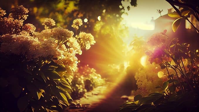 Sunset highlights nature beauty, trees and meadow generated by AI